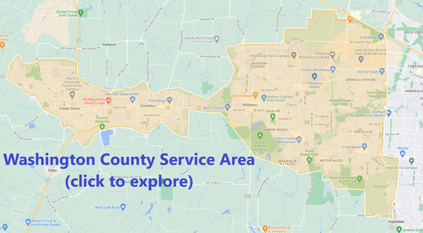 Map of regular service area. Includes testing inside city limits of Hillsboro, McMinnville, Forest Grove, Cornelius, Yamhill, Newberg, Sheridan, Willamina, and Grand Ronde. Click to access navigable map with search function.